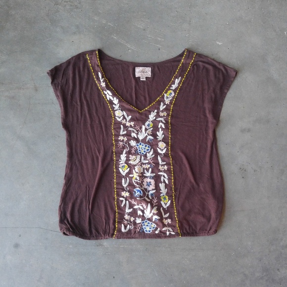 Anthropologie Tops - Deletta Brown Floral Embroidered Tee